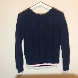 Navy blue and pink cable knit sweater